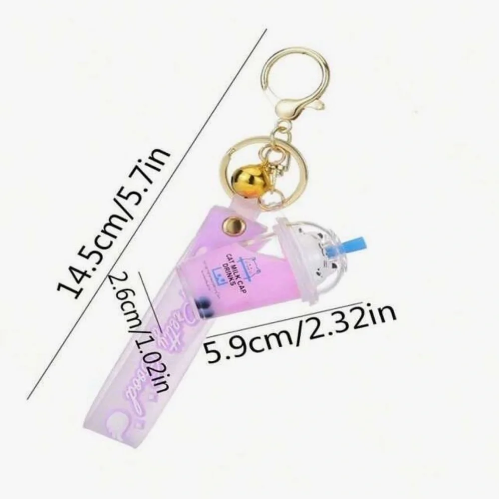Cute Cat Boba Milk Tea Cup Keychain Purple Kawaii Bag Charm Wrist Strap